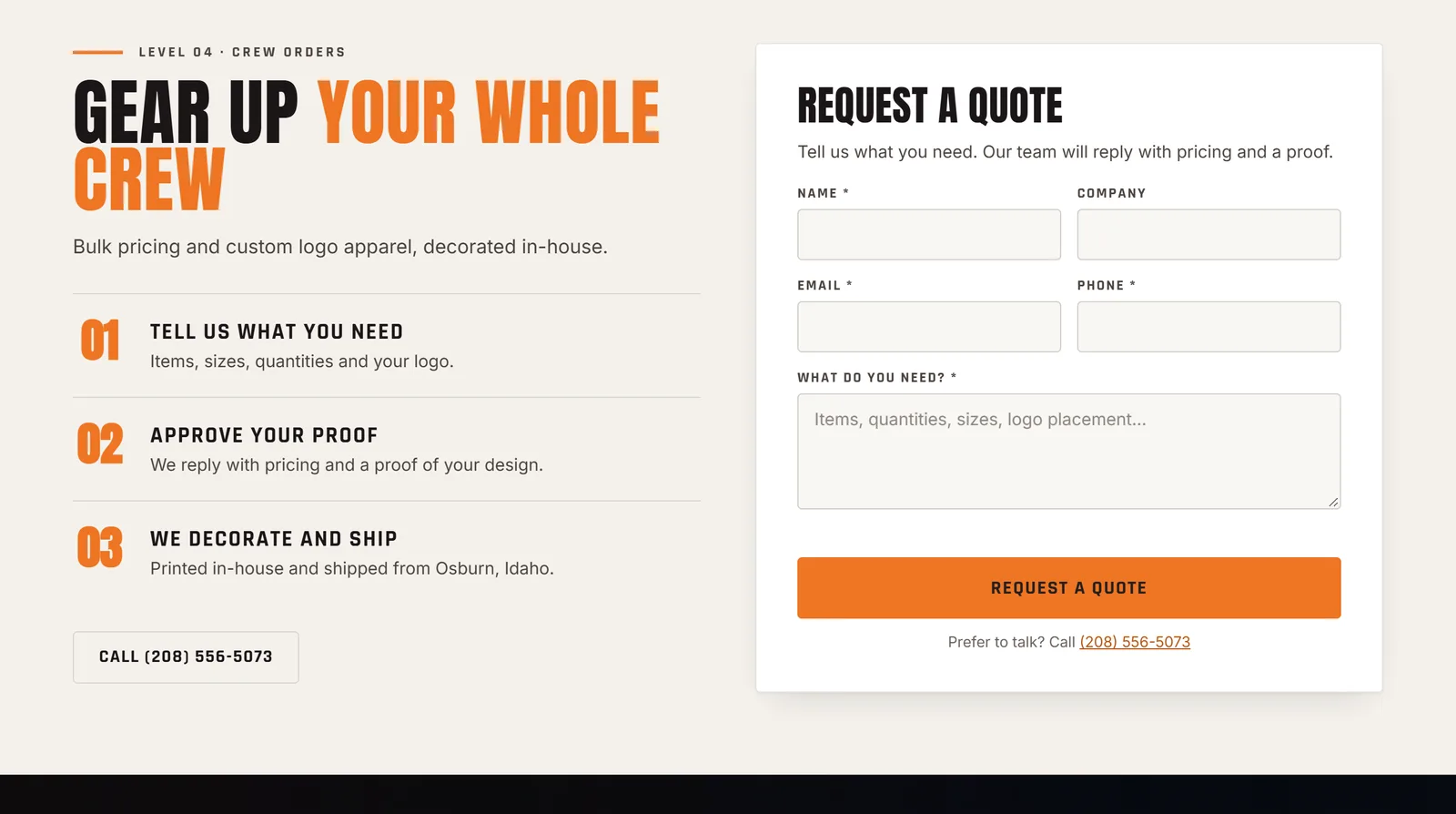 Homepage crew section: Gear Up Your Whole Crew with three numbered steps beside an empty Request a Quote form.