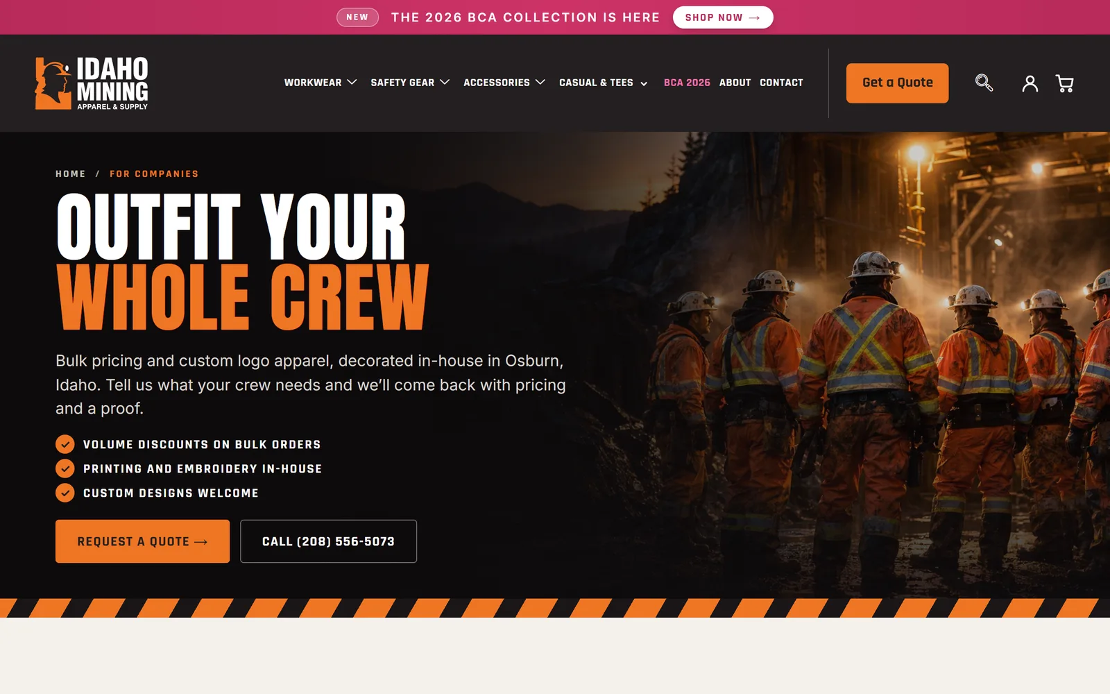 For Companies page on desktop: Outfit Your Whole Crew, three checked points on bulk orders, in-house decoration and custom designs, and Request a Quote and Call buttons.