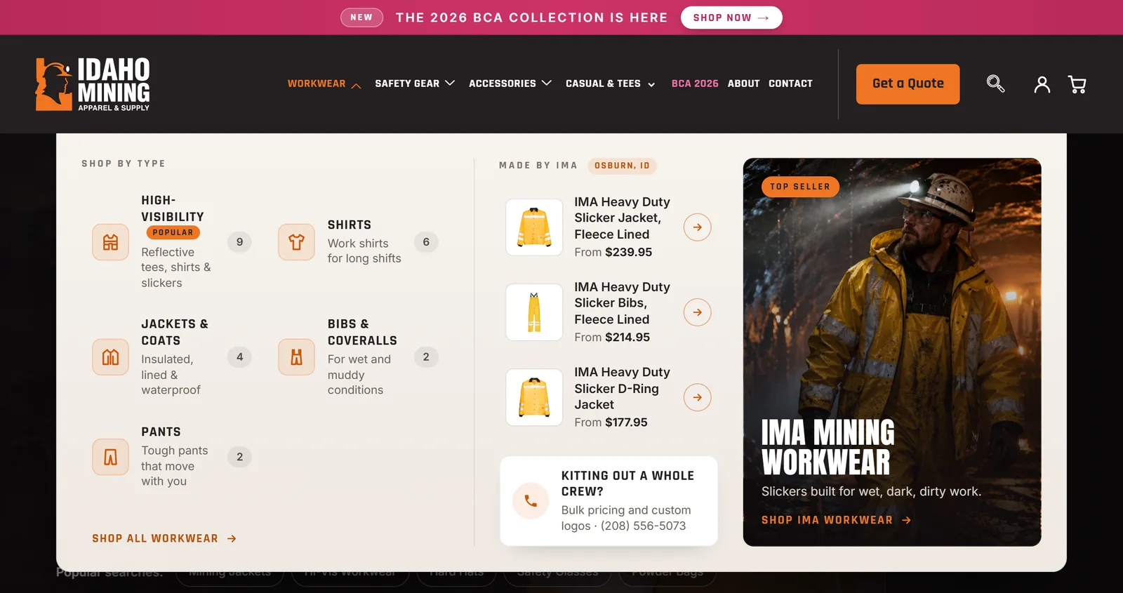 The Workwear mega menu open: product types with counts, three Made by IMA slickers with prices, a crew help card and a feature photo.