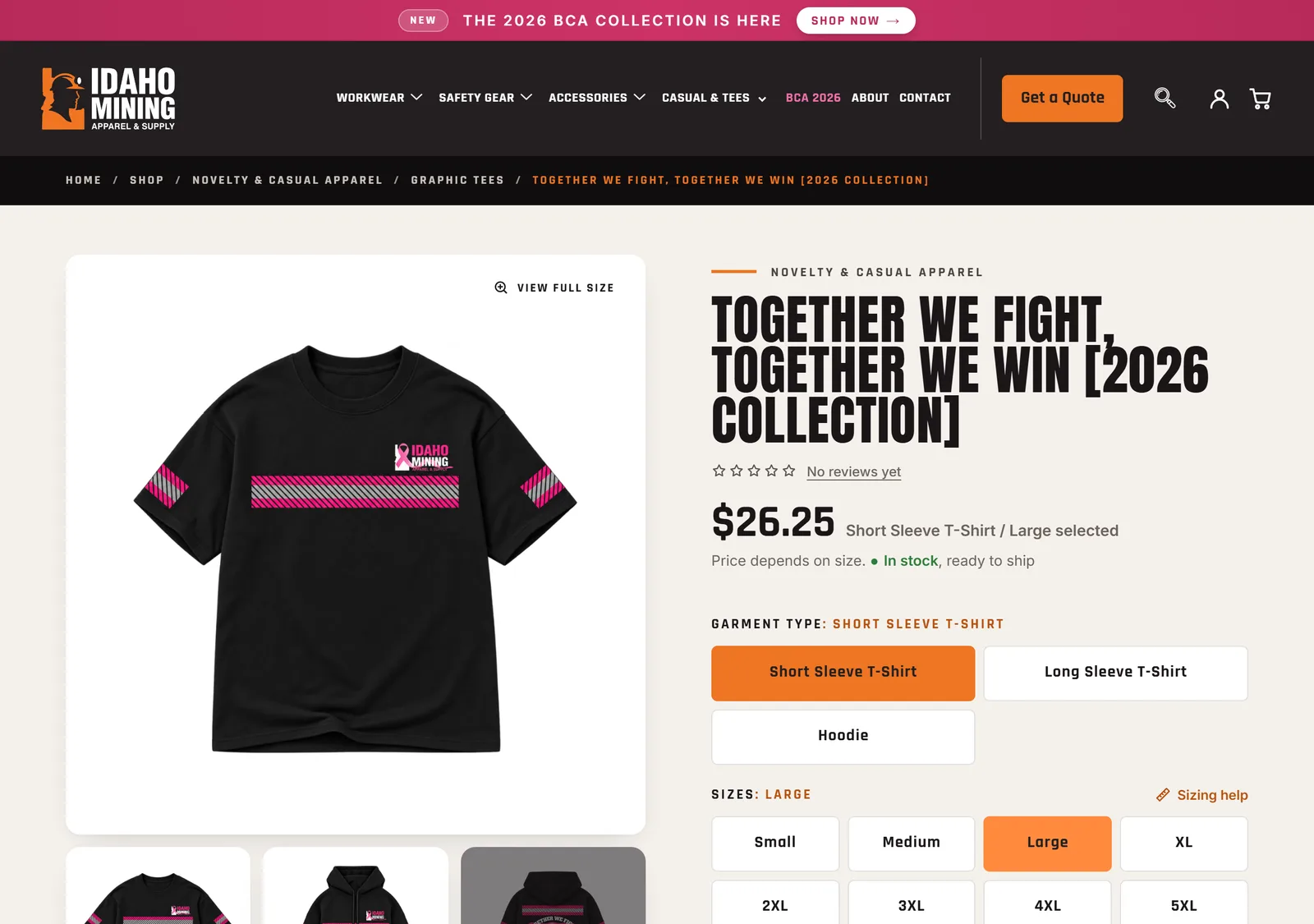 A product page on desktop with Short Sleeve T-Shirt and Large chosen as buttons, and the price line reading Short Sleeve T-Shirt / Large selected.