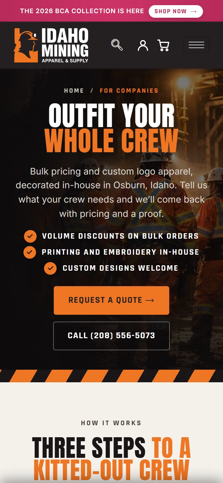 For Companies page on a phone with the headline, three checked points, and Request a Quote and Call buttons stacked and centred.