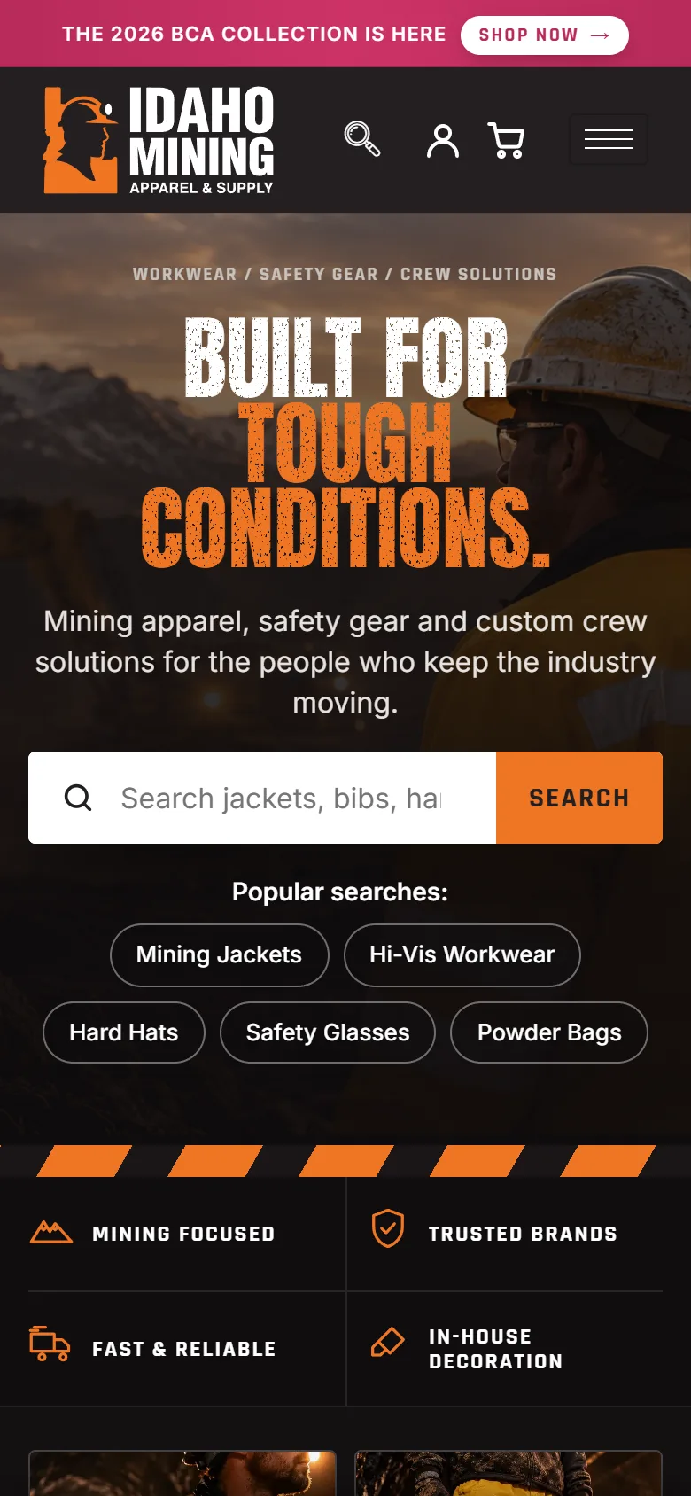 Homepage on a phone: Built for Tough Conditions headline, a search field, popular search buttons and four feature tiles.