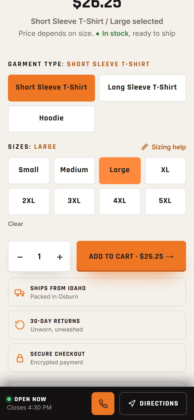 A product page on a phone with garment and size buttons chosen, an Add to Cart button with the price, and shipping, returns and checkout notes below.