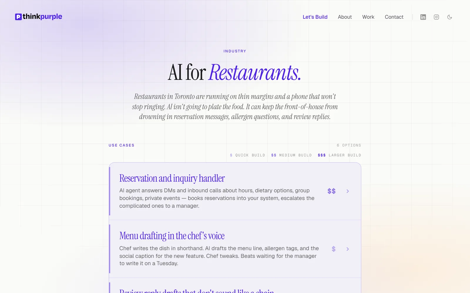 AI for Restaurants page listing use cases such as a reservation handler and menu drafting, each with a build size.