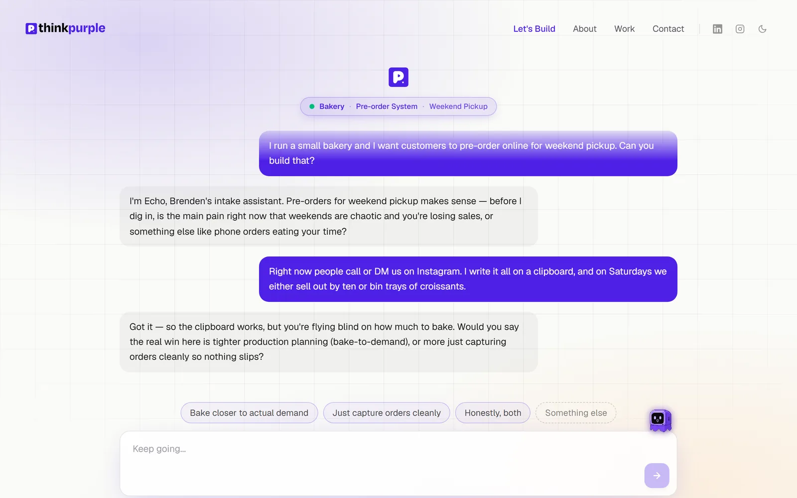 Echo replying to a bakery owner and offering three reply chips about baking to demand or capturing orders.