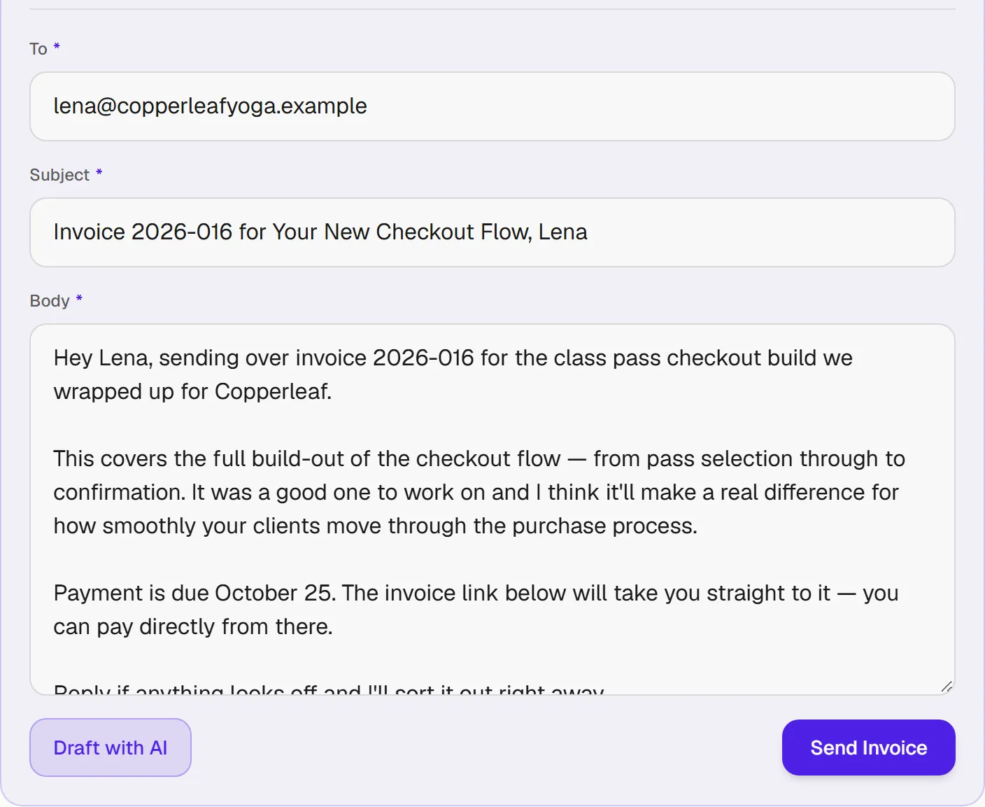 Invoice email form with an AI-drafted subject and body for a yoga studio, and Draft with AI and Send buttons.