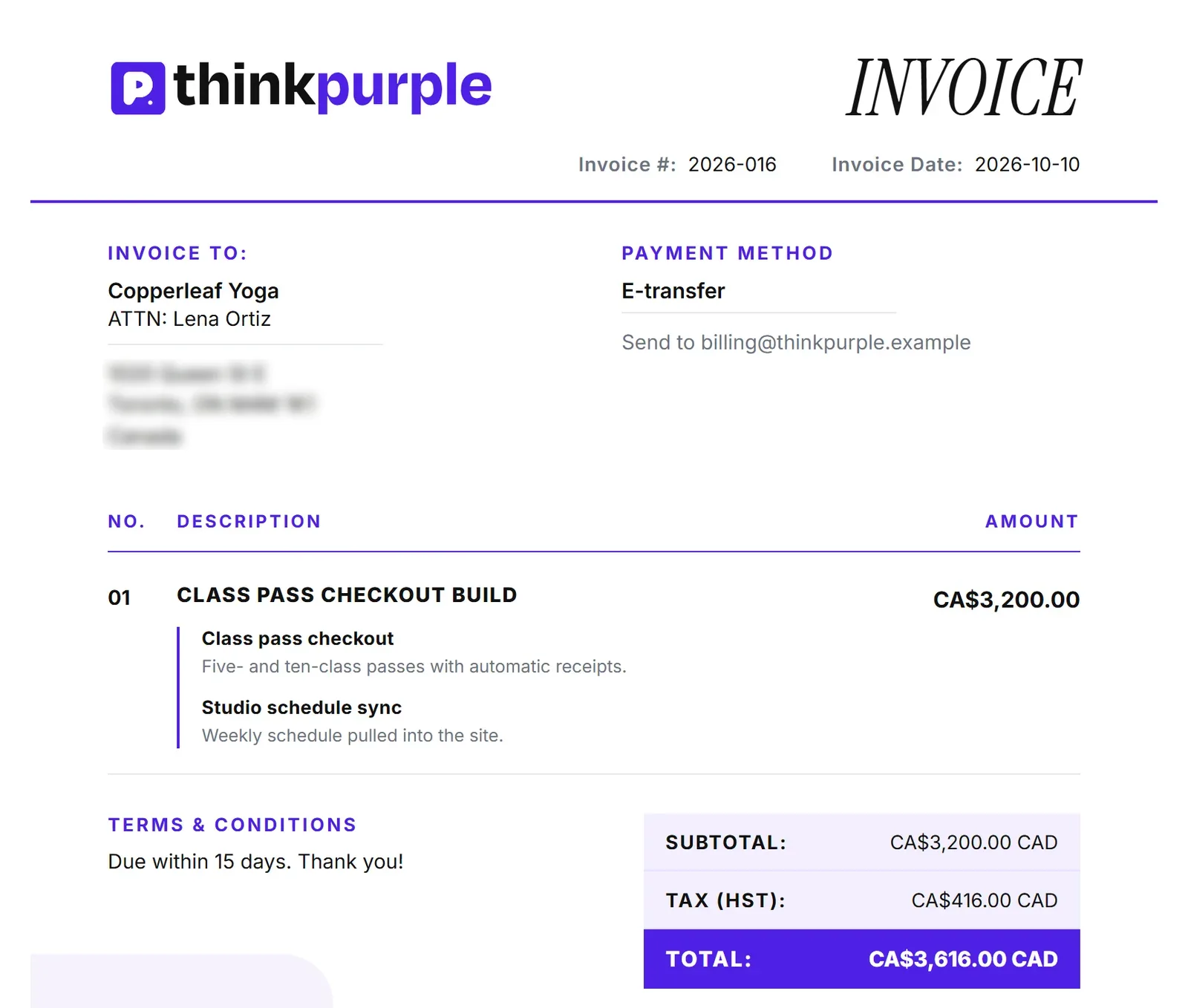 Public invoice view for an invented yoga studio, with line items, HST and total.