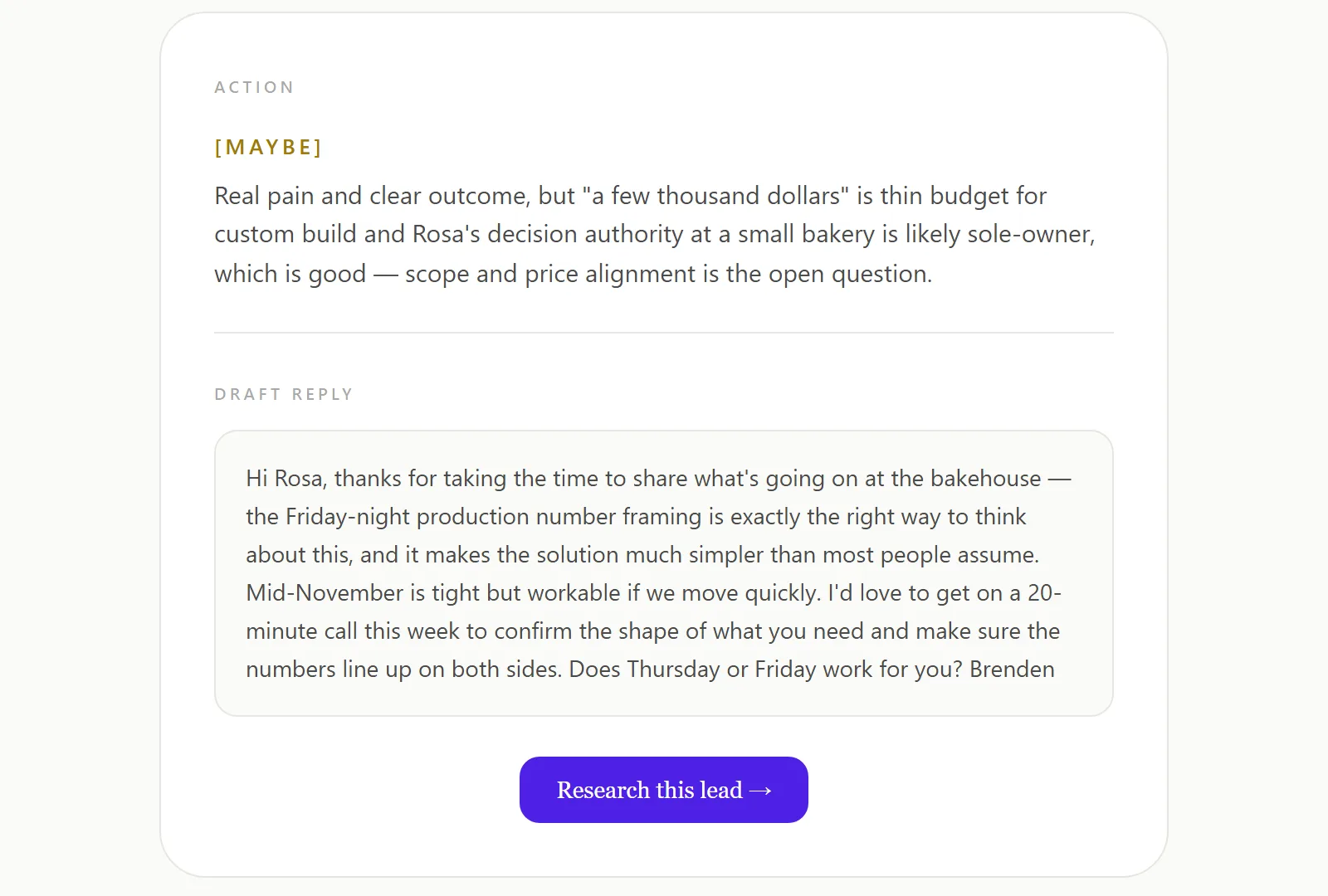 Lead email showing a MAYBE verdict with reasoning, a draft reply to Rosa, and a Research this lead button.
