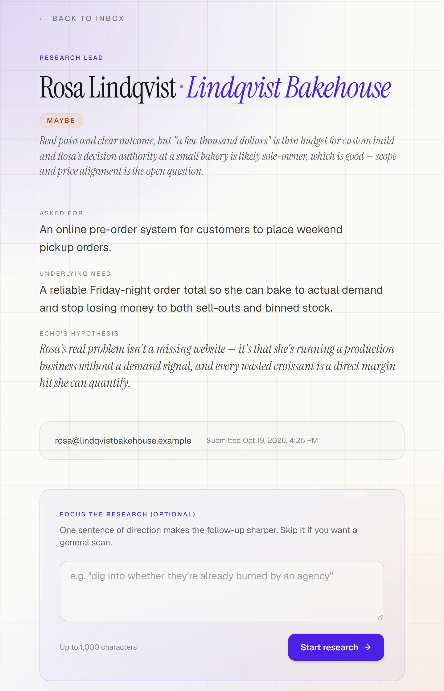 Lead page for the bakery with the verdict, asked-for versus underlying need, Echo's hypothesis and a Start research button.